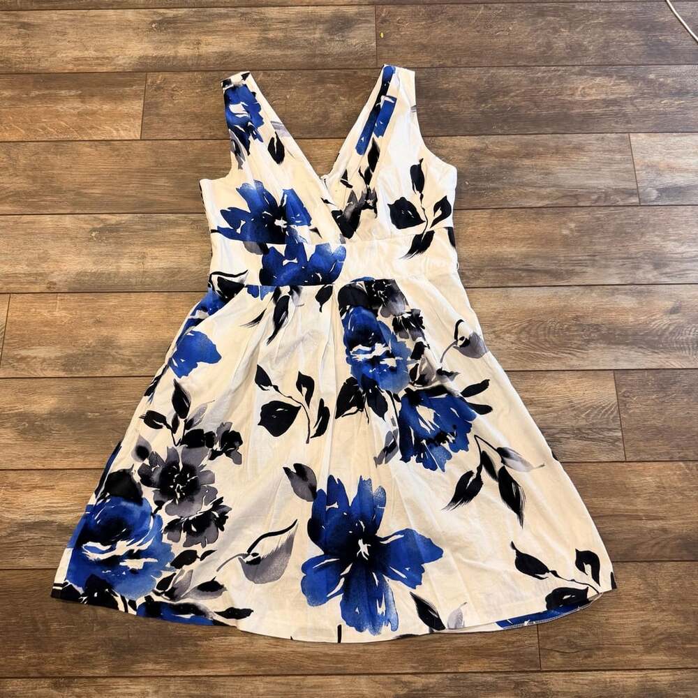 Corey P Floral Dress Size 12 White Blue Sleeveless V-Neck Pockets